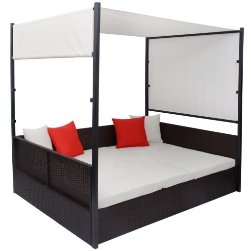 Barna polyrattan napellenzős kerti ágy 190 x 130 cm