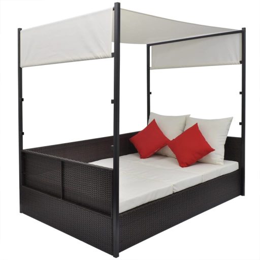 Barna polyrattan napellenzős kerti ágy 190 x 130 cm