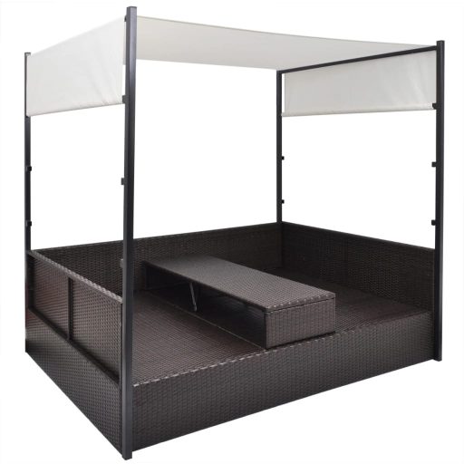 Barna polyrattan napellenzős kerti ágy 190 x 130 cm