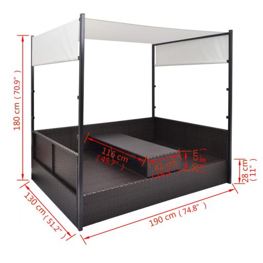 Barna polyrattan napellenzős kerti ágy 190 x 130 cm