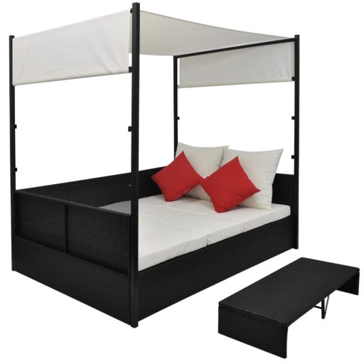Fekete polyrattan napellenzős kerti ágy 190 x 130 cm