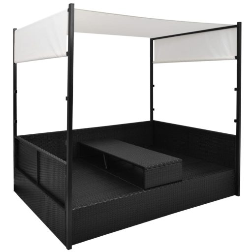 Fekete polyrattan napellenzős kerti ágy 190 x 130 cm