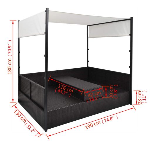 Fekete polyrattan napellenzős kerti ágy 190 x 130 cm
