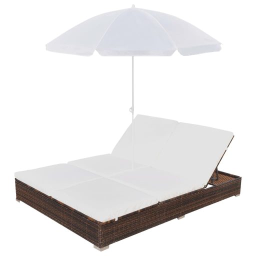 Barna polyrattan napozóágy napernyővel