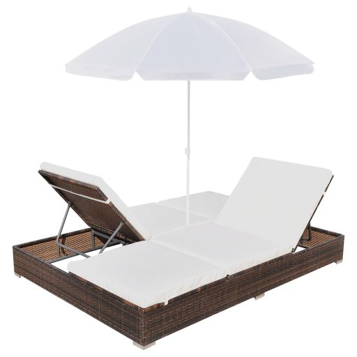 Barna polyrattan napozóágy napernyővel
