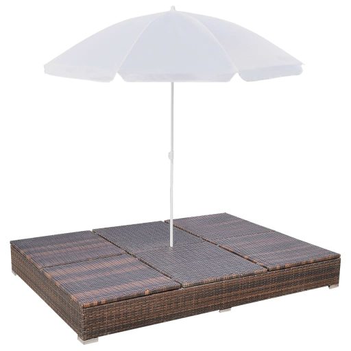 Barna polyrattan napozóágy napernyővel