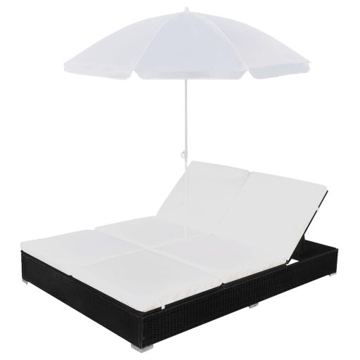 Fekete polyrattan napozóágy napernyővel