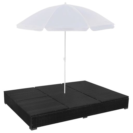 Fekete polyrattan napozóágy napernyővel