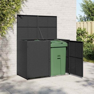   Fekete rattan dupla tároló gurulós kukához 148 x 80 x 111 cm