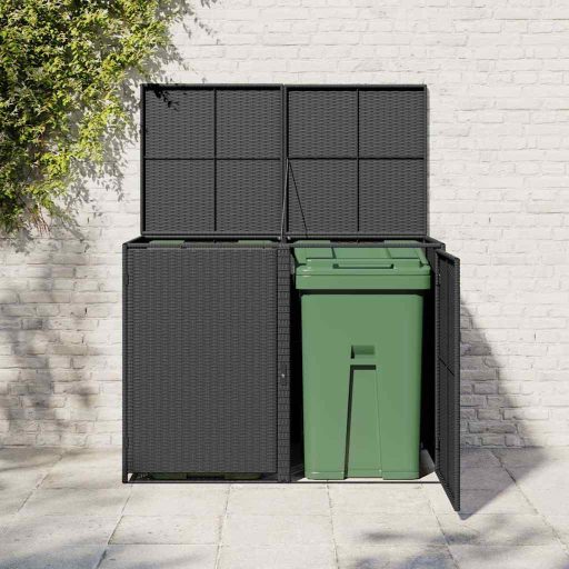 Fekete rattan dupla tároló gurulós kukához 148 x 80 x 111 cm