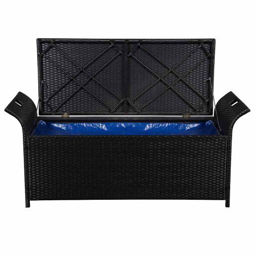 Fekete polyrattan tárolópad párnával 138 cm