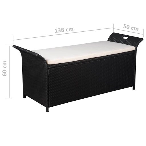 Fekete polyrattan tárolópad párnával 138 cm