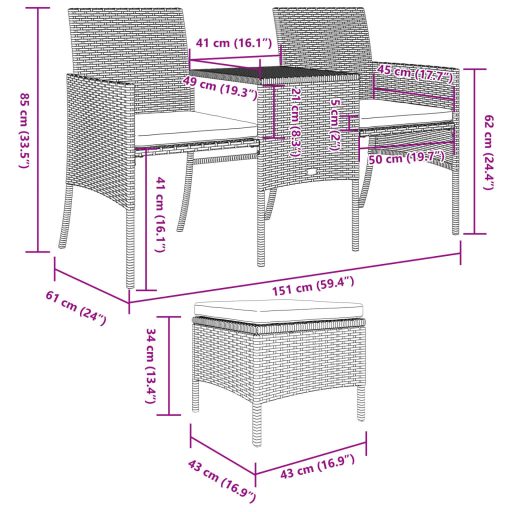 Barna 2-személyes polyrattan kerti fotel asztallal/zsámolyokkal