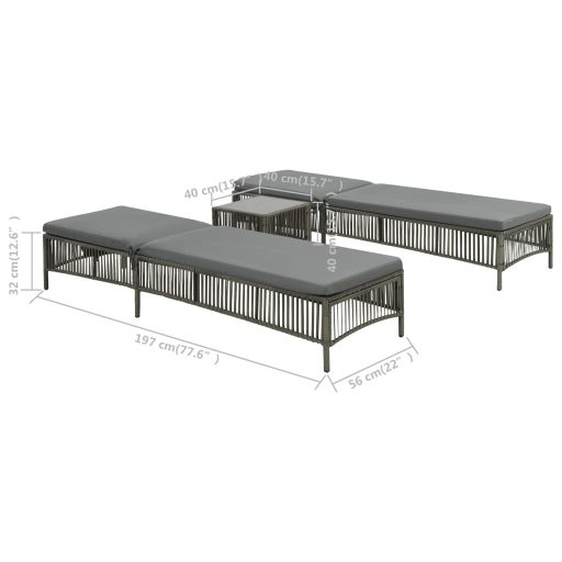 2 db szürke polyrattan napozóágy asztalkával