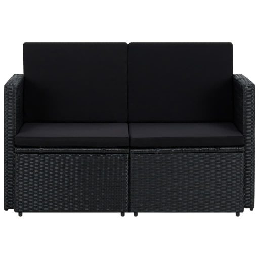 Fekete kétszemélyes polyrattan kerti kanapé párnákkal