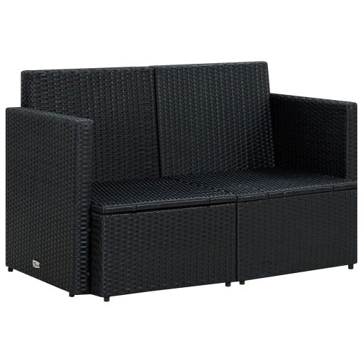 Fekete kétszemélyes polyrattan kerti kanapé párnákkal