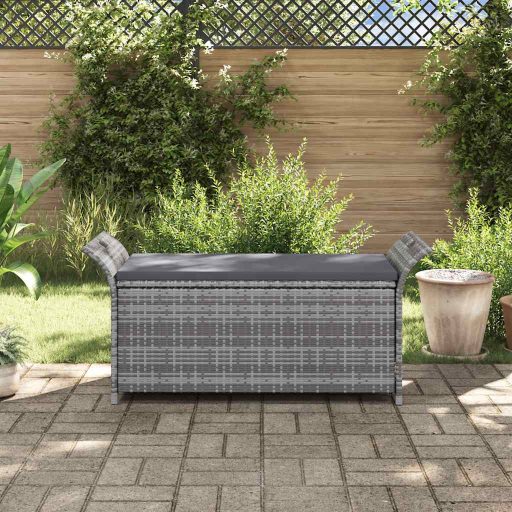 Szürke polyrattan tárolópad párnával 138 cm