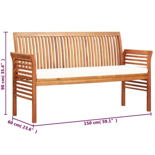 Háromszemélyes tömör akácfa kerti pad párnával 150 cm