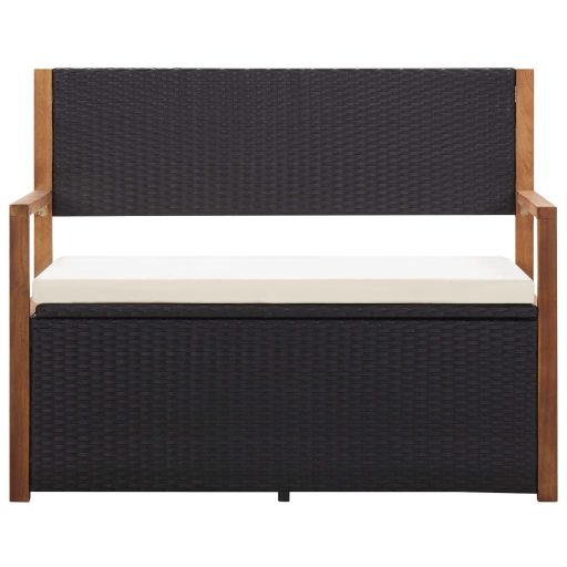 Fekete polyrattan és tömör akácfa tárolópad 115 cm