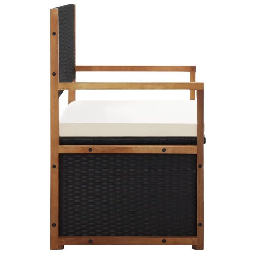 Fekete polyrattan és tömör akácfa tárolópad 115 cm