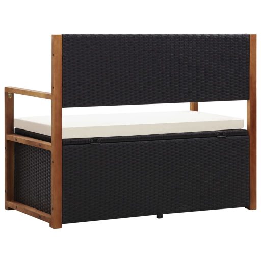 Fekete polyrattan és tömör akácfa tárolópad 115 cm