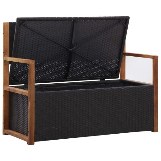 Fekete polyrattan és tömör akácfa tárolópad 115 cm