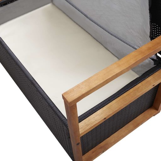 Fekete polyrattan és tömör akácfa tárolópad 115 cm