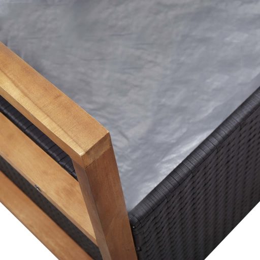 Fekete polyrattan és tömör akácfa tárolópad 115 cm
