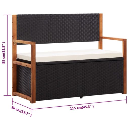 Fekete polyrattan és tömör akácfa tárolópad 115 cm