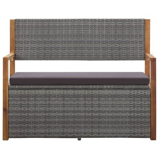 Szürke polyrattan és tömör akácfa tárolópad 115 cm