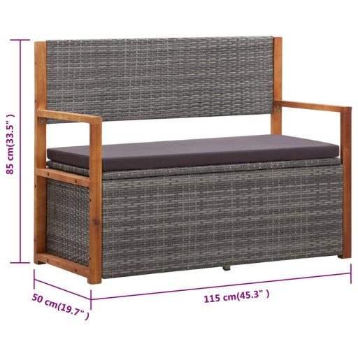 Szürke polyrattan és tömör akácfa tárolópad 115 cm