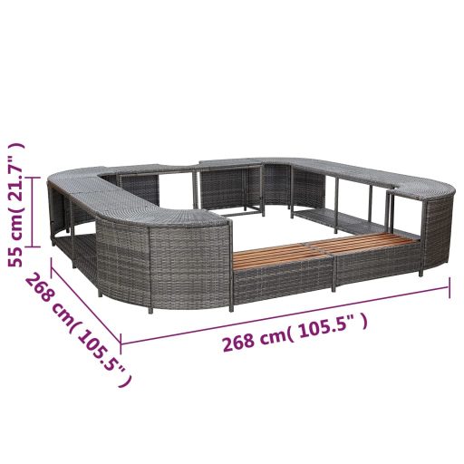 Szürke négyszög alakú polyrattan pezsgőfürdőkeret 268x268x55 cm