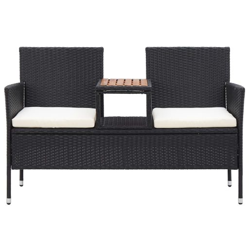 2 személyes fekete polyrattan kerti pad teázóasztallal 143 cm
