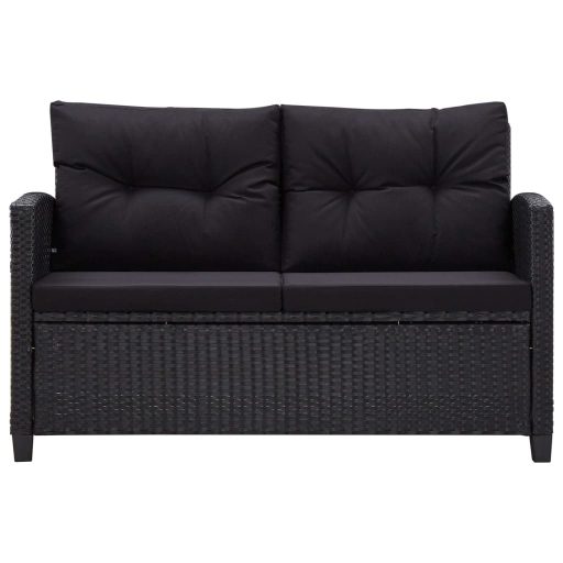 Fekete polyrattan kétszemélyes kerti kanapé párnákkal 124 cm