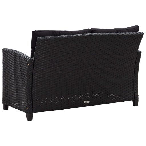 Fekete polyrattan kétszemélyes kerti kanapé párnákkal 124 cm