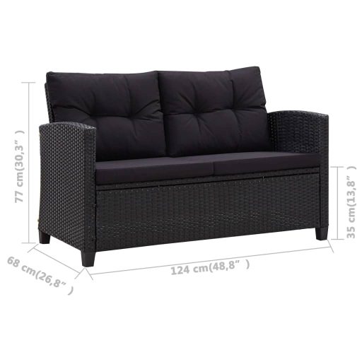 Fekete polyrattan kétszemélyes kerti kanapé párnákkal 124 cm