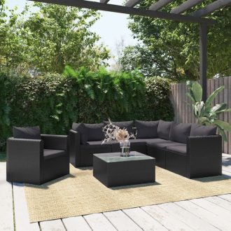   7-részes fekete polyrattan kerti társalgószett párnákkal