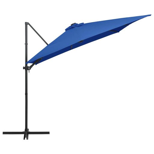 Azúrkék konzolos napernyő LED-del és acélrúddal 250x250 cm