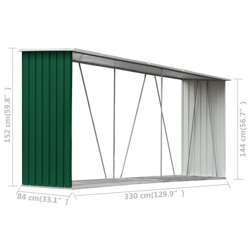 Zöld horganyzott acél kerti tűzifatároló 330 x 84 x 152 cm