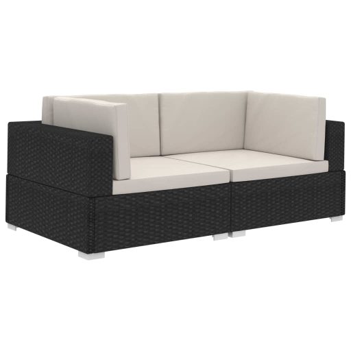 2 db fekete moduláris polyrattan sarokfotel párnákkal