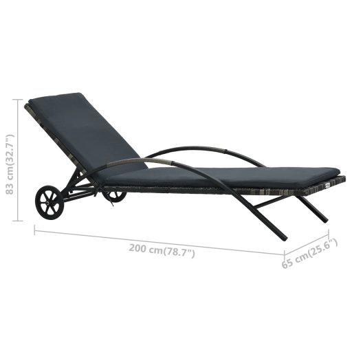 Antracitszürke polyrattan napozóágy párnával és kerekekkel