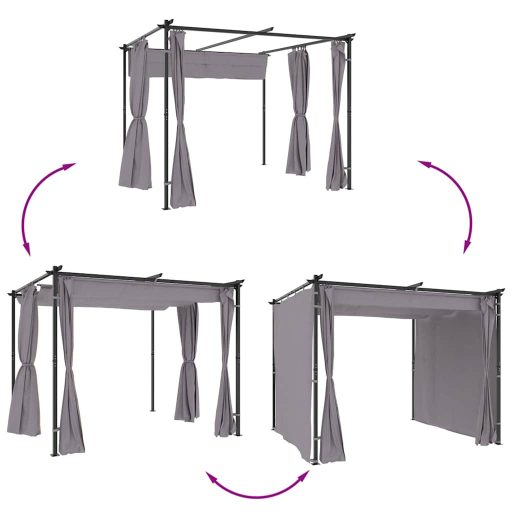 Antracitszürke acélpavilon függönyökkel 3 x 3 m