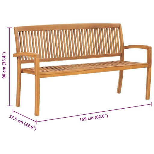 3 személyes rakásolható tömör tíkfa kerti pad 159 cm