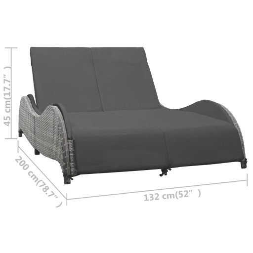 Kétszemélyes antracitszürke polyrattan napozóágy párnával