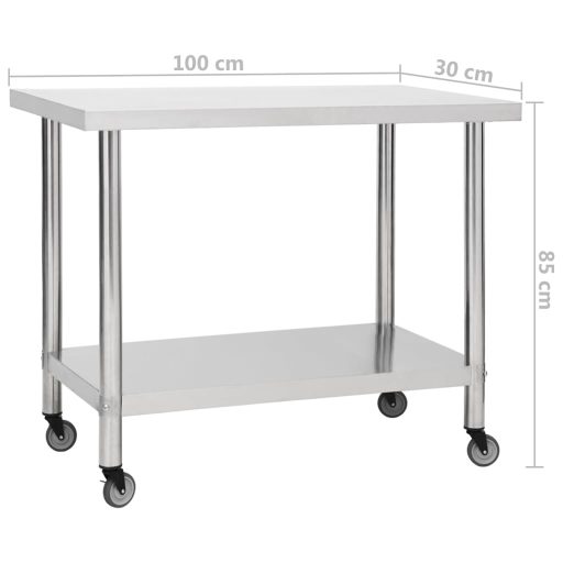 Rozsdamentes acél konyhai munkaasztal kerekekkel 100x30x85 cm