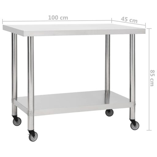 Rozsdamentes acél konyhai munkaasztal kerekekkel 100x45x85 cm